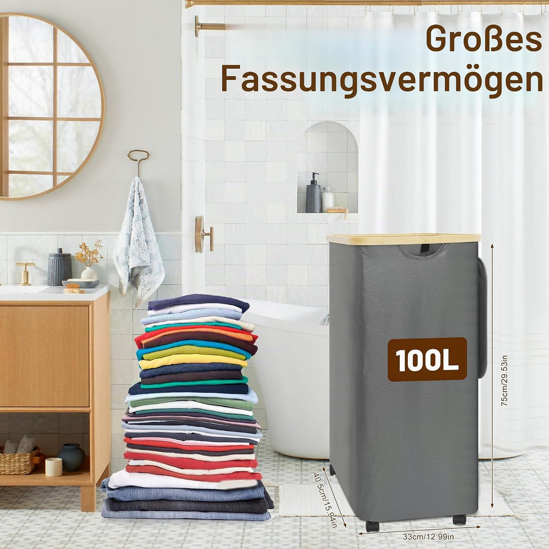 Chumix Wäschekorb mit Deckel, 100L Wäschesammler Faltbare mit Rollen, Wäschekorb Schmal mit Bambus G