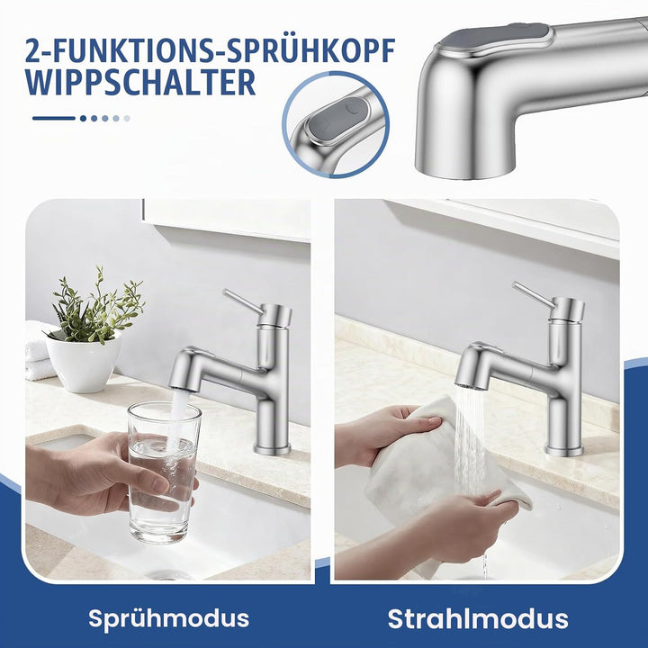HURRAN Ausziehbare Wasserhahn Bad, Einhebelmischer für Waschbecken, Niedrig Waschtischarmatur mit 2