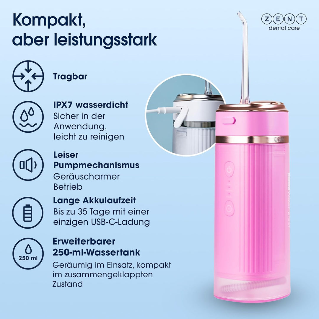 ZENT Munddusche kabellos, Water flosser für Reise, Erweiterte 360°-Rotationstechnologie, 3 Spezielle