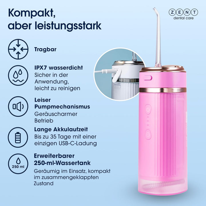 ZENT Munddusche kabellos, Water flosser für Reise, Erweiterte 360°-Rotationstechnologie, 3 Spezielle