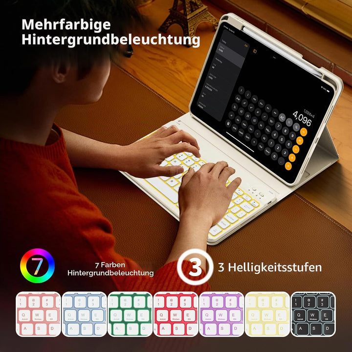 Hülle mit Tastatur für iPad 11 Generation A16/10 Generation (11/10.9 Zoll, 2025/2022), 7-farbige Bel