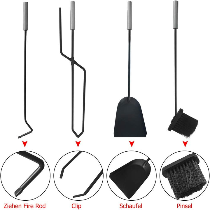 HENGMEI 5 teilig Kaminzubehör Edelstahl Kaminofen Kaminbesteck Set Kamingarnitur mit Standfuss, Bese