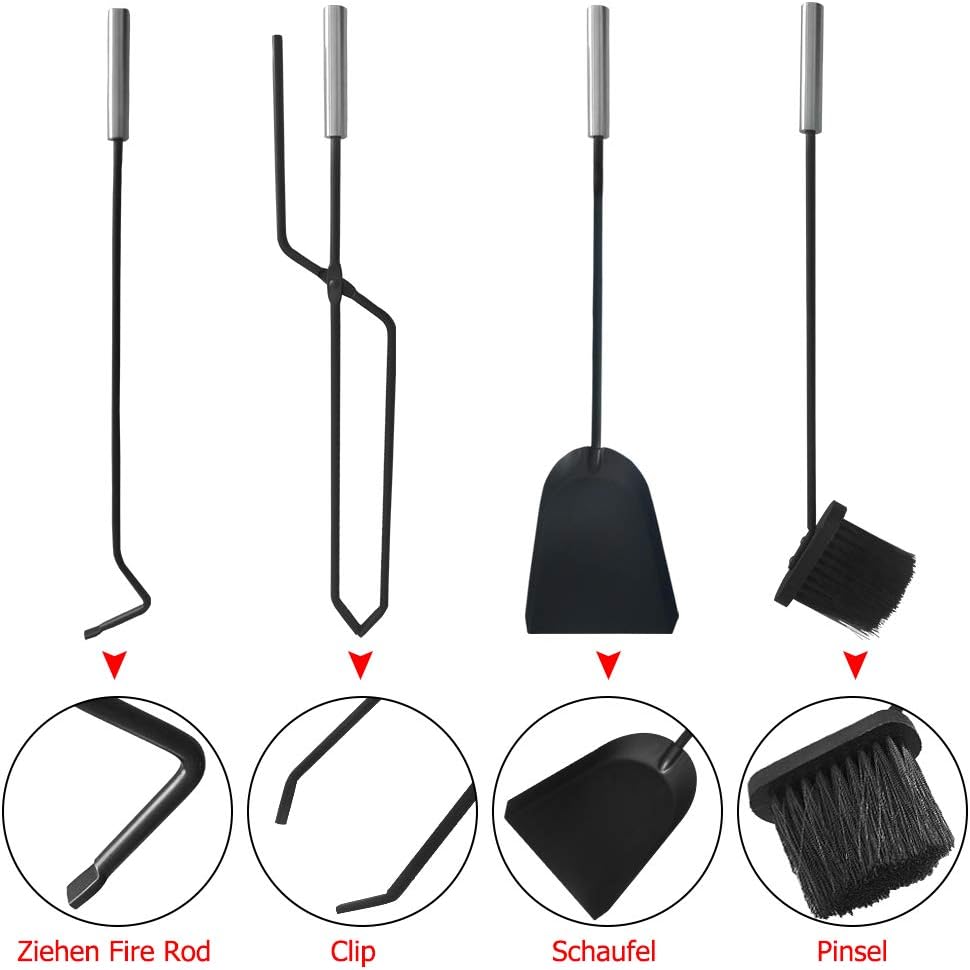 Yznahre Edelstahl Kaminbesteck Set 5 TLG, Modern Kamingarnitur Kaminwerkzeug mit Ständer, Besen, Zan