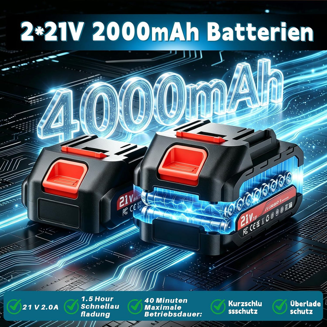 21V Bürstenlos Akkuschrauber, Akku Bohrschrauber mit 2 Akkus 2.0Ah, 70 Nm, 25+3 Drehmomentstufen, 2