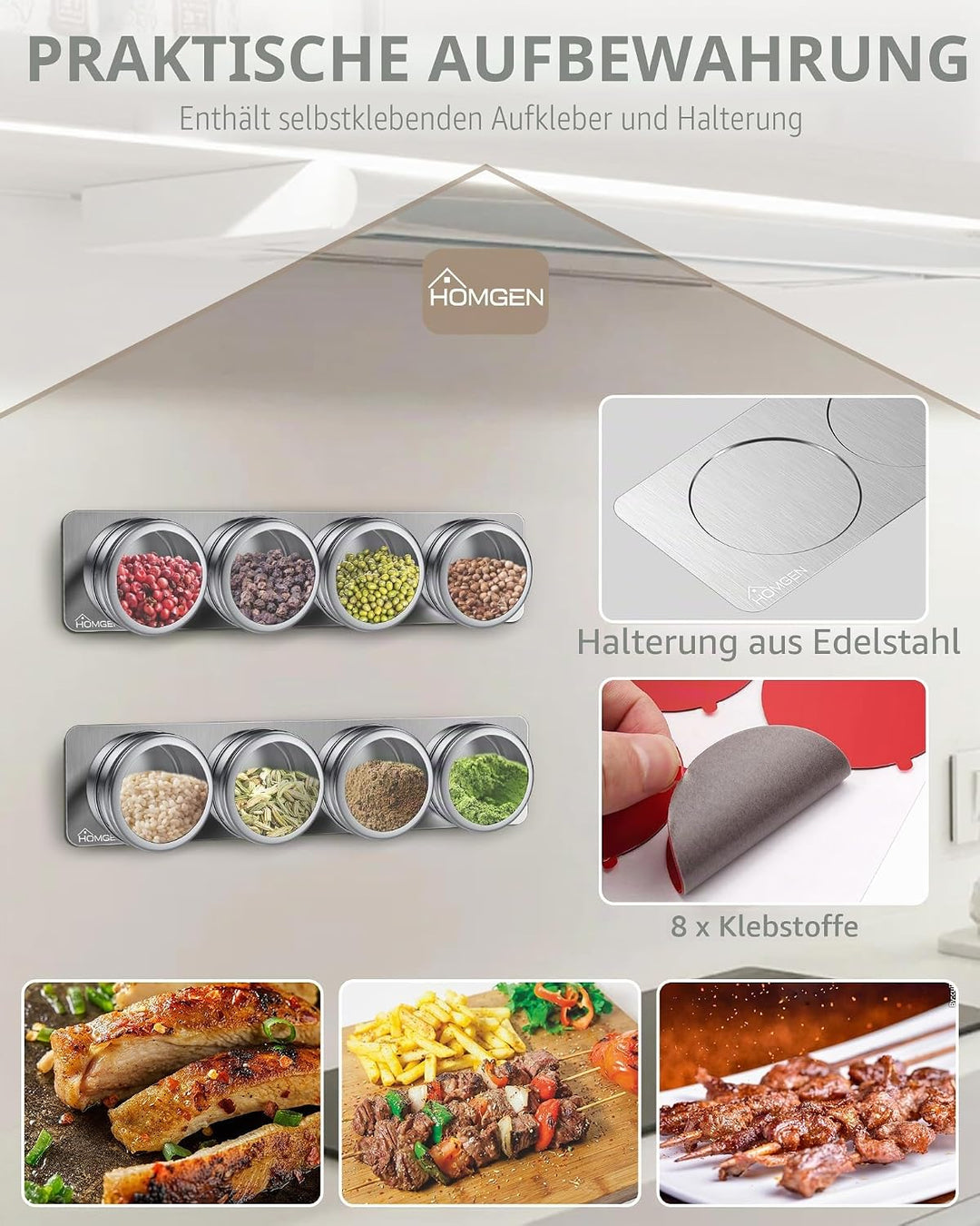 HOMGEN Gewürzdosen Magnetisch 8 Stück Edelstahl Gewürzgläser Set Magnet 100ml Gewürze Spice Jars Mag