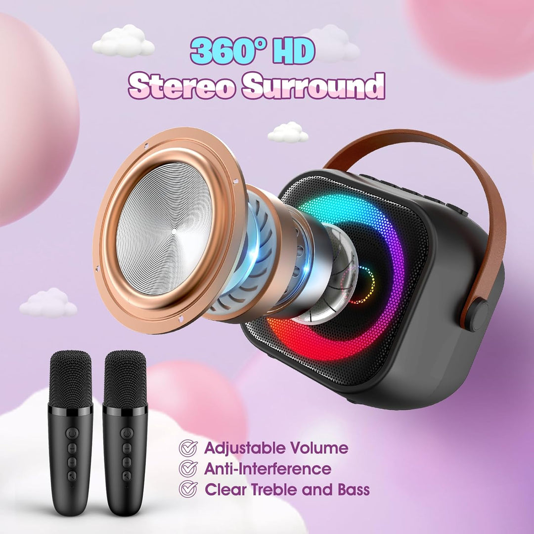Karaoke Maschine Kinder mit 2 Mikrofonen - Tragbar Bluetooth Karaoke Mikrofon mit RGB-Leuchten, Mini