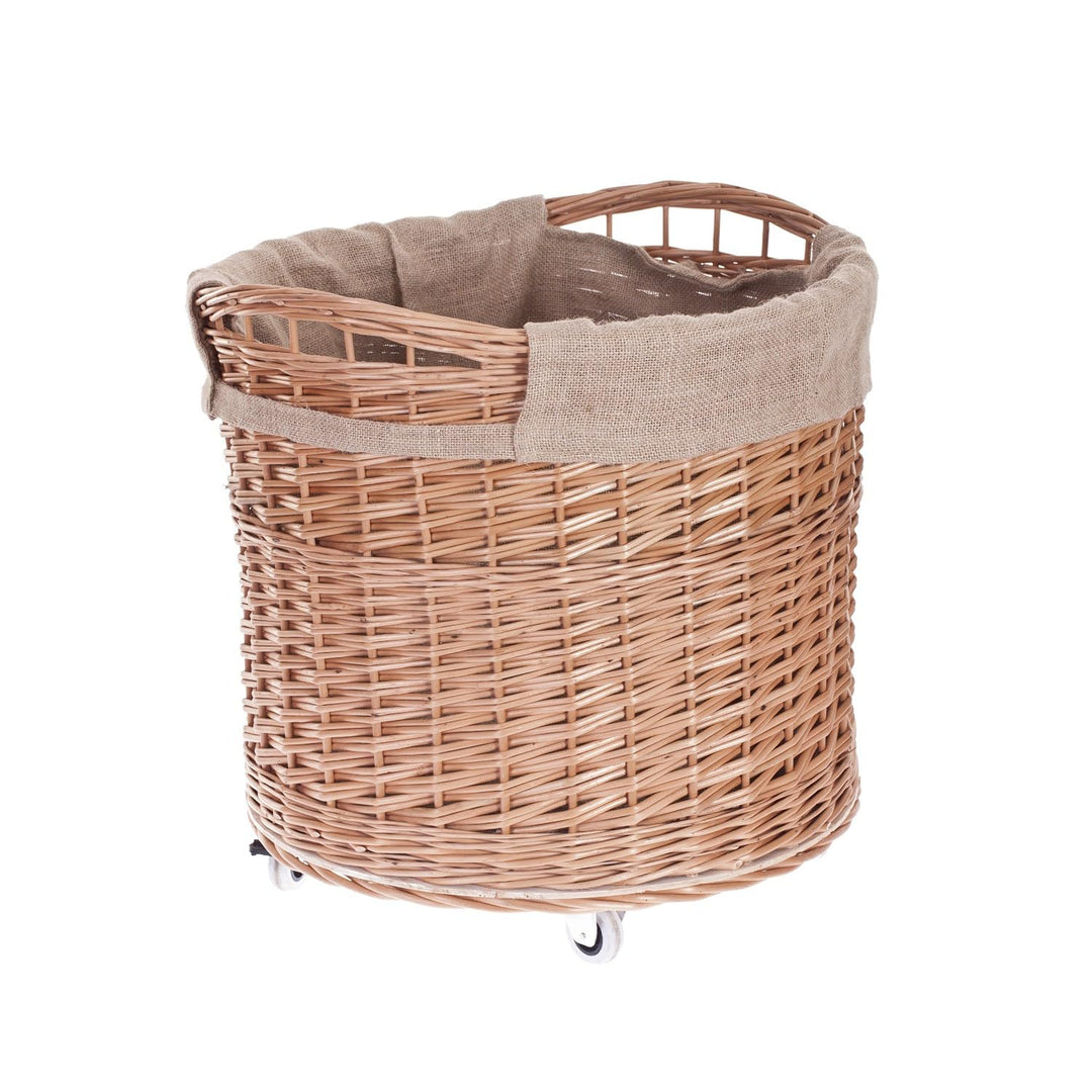 Vollweidener Kaminkorb, rund, Rollkorb aus Weide, Rollkorb für Kaminholz, Rollkorb mit Jutebezug Hol