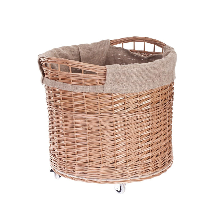 Vollweidener Kaminkorb, rund, Rollkorb aus Weide, Rollkorb für Kaminholz, Rollkorb mit Jutebezug Hol