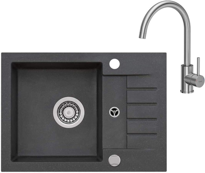 VBChome Spüle Schwarz 58 x 42 cm mit Spültischarmatur Granit Einzelbecken Einbauspüle gesprenkelt re