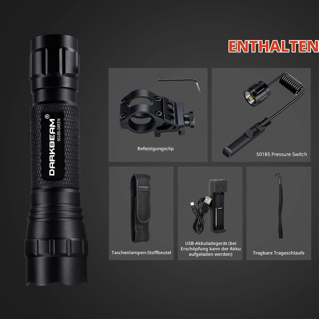 DARKBEAM Grünes licht Taschenlampe LED Aufladbar USB, hohe Lumen Zoomable Grüne Taschenlampen Tragba