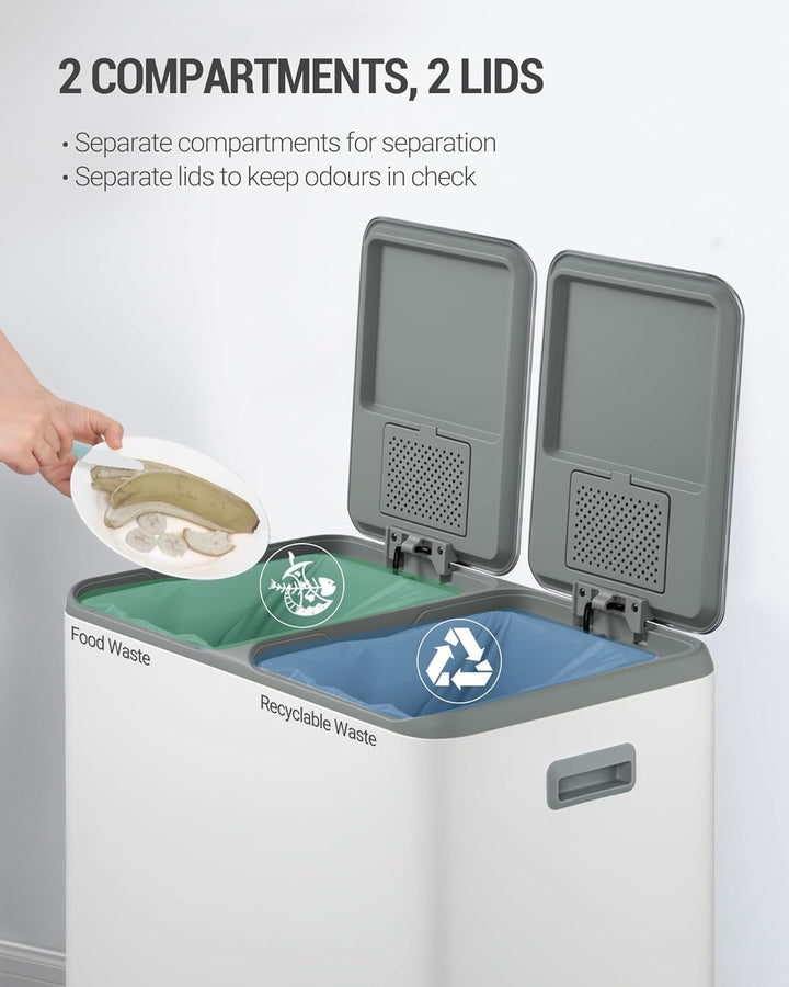 Hzuaneri Mülleimer Küche, Mülltrennsystem 2 Fächer 60 L (2 x 30 L), Edelstahl-küchenmülleimer, Tretm