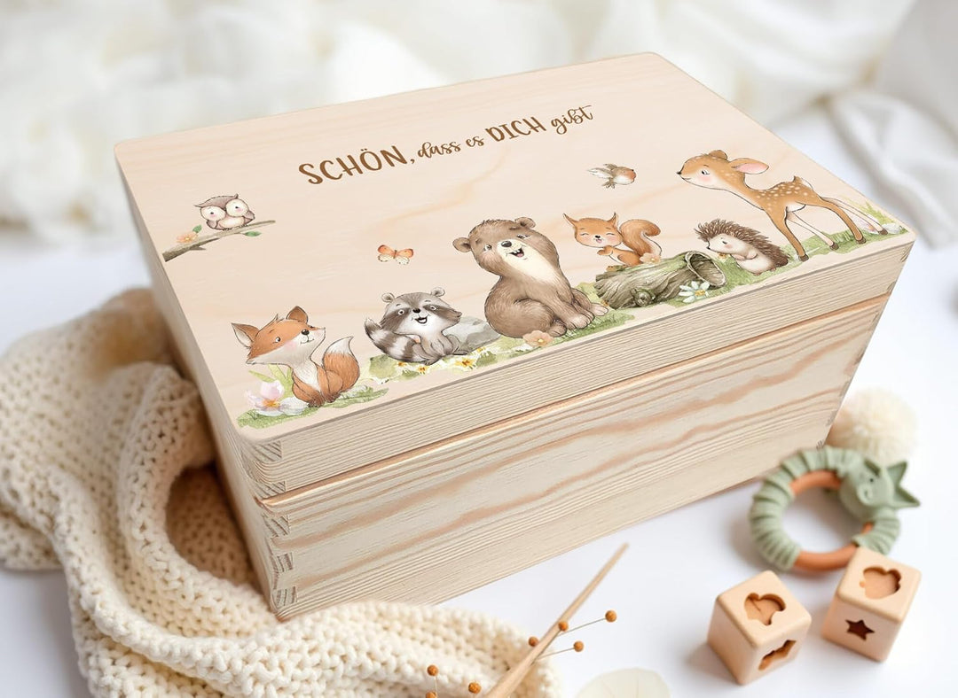 Little Deco Erinnerungsbox Baby Holzkiste mit Waldtiere | M - 30 x 20 x 13 cm Geburt & Taufe für Mäd