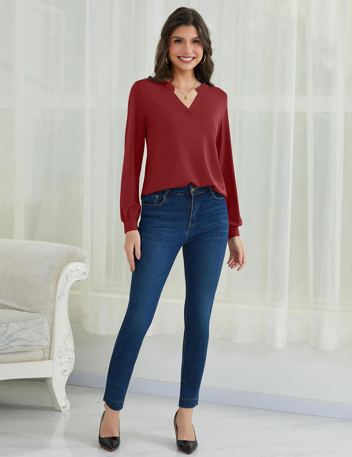 Beluring Langarmshirt Damen Elegant V Ausschnitt Tunika Bluse Einfarbig T-Shirt M Weinrot, M Weinrot