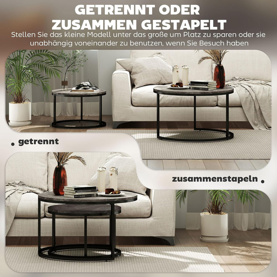 HOMCOM Couchtisch rund 2er Set Wohnzimmertisch Beistelltisch mit Metallrahmen, Satztisch mit Marmoro