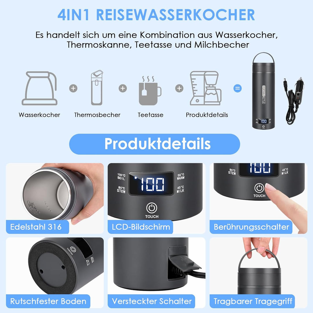 Dreamhigh® Reisewasserkocher, 450ml Mini Wasserkocher, 96W Wasserkocher Klein aus Edelstahl, Auto Wa