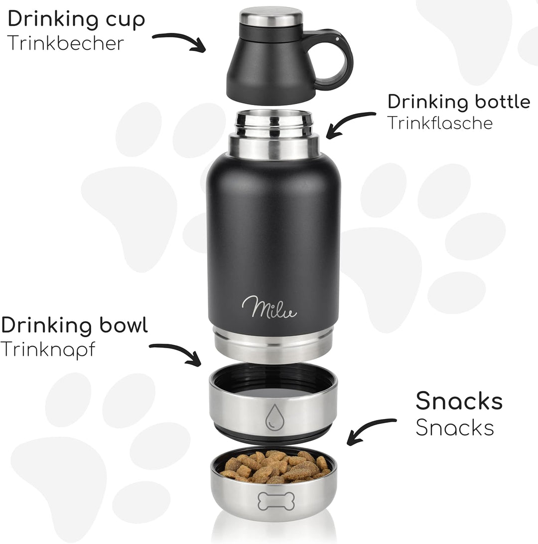 Milu Trinkflasche Hunde für Unterwegs 950ml - Wasserflasche mit Futternapf, Isolierte Edelstahl Hund