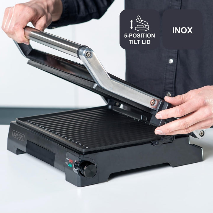 Black+Decker BXGR2200E -2-in-1: glatte Platten und Grill, Zubreiten von Fleisch, Fisch, Gemüse, 180º