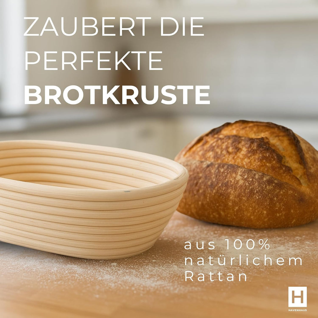 Gärkörbchen 2er Set oval & rund | Rattan Gärungskorb oval & rund für 1kg Teig mit praktischem Zubehö