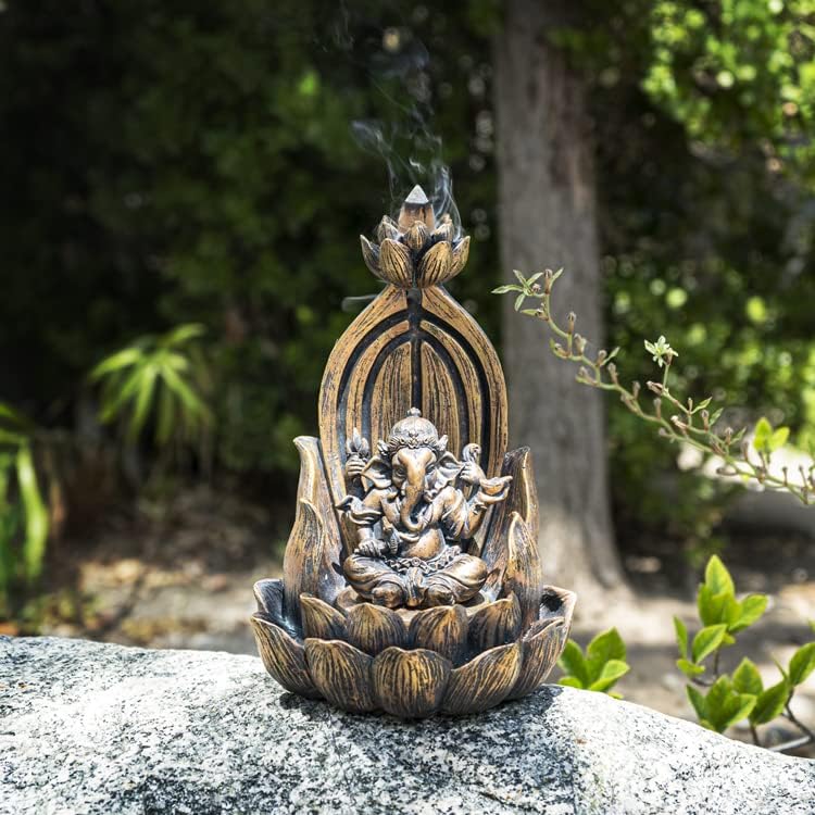 Rückfluss Räuchergefäss Buddha Ganesha auf Lotus | Backflow Wasserfall Räucherhalter