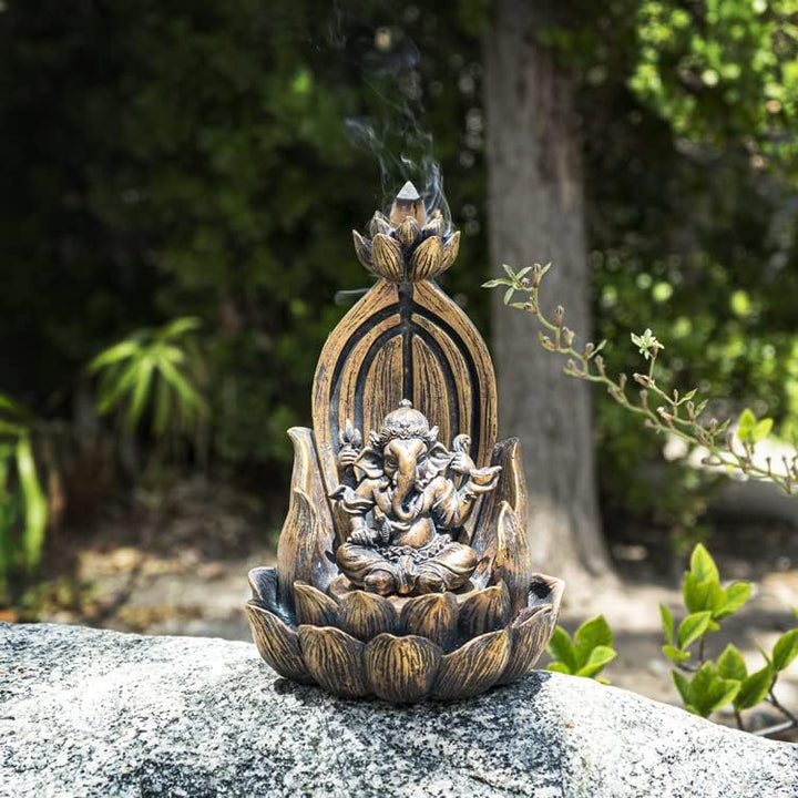 Rückfluss Räuchergefäss Buddha Ganesha auf Lotus | Backflow Wasserfall Räucherhalter