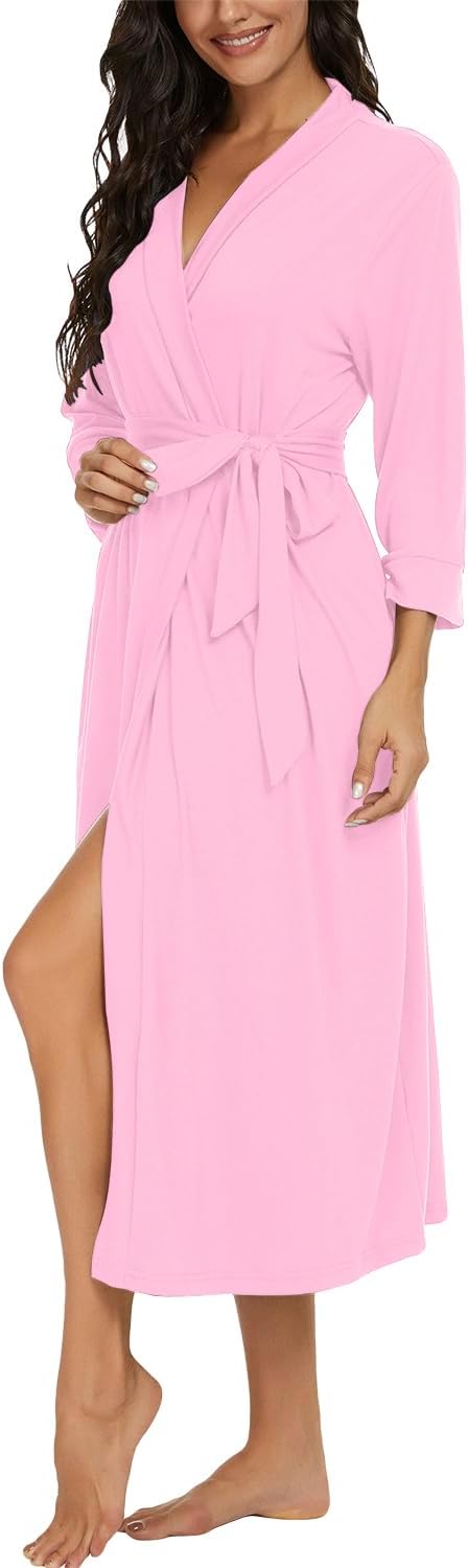 PrinStory Damen Bademantel Leichter 3/4 Ärmeln Morgenmantel V-Ausschnitt Kimono Roben Langes Nachtwä