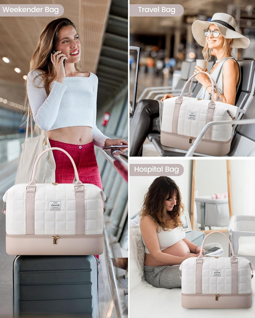 LOVEVOOK Reisetasche Damen, Leicht Puffer Weekender Handgepäck Tasche Kliniktasche Geburt Krankenhau