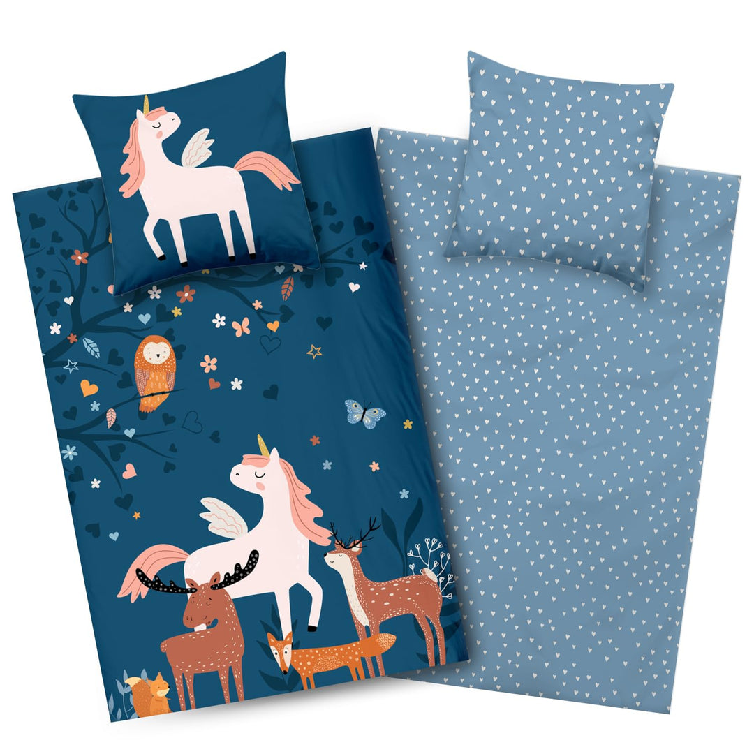 Aminata kids Bettwäsche Mädchen Einhorn 135 x 200 Baumwolle mit YKK Reissverschluss - Kinder-Bettwäs