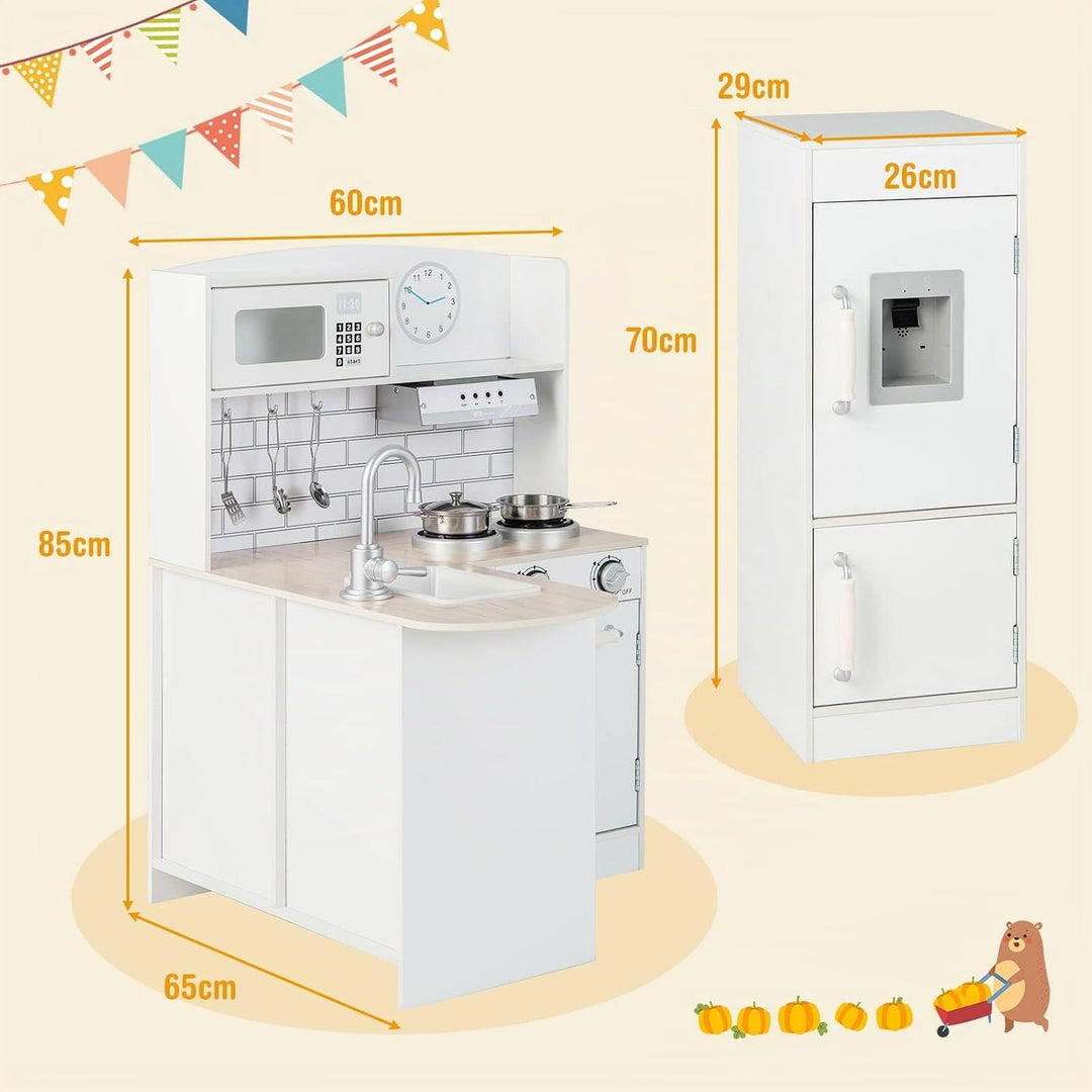 COSTWAY Eck Spielküche mit separatem Kühlschrank, Kinderküche Holz mit Sound, inkl. Spielzubehör, fü