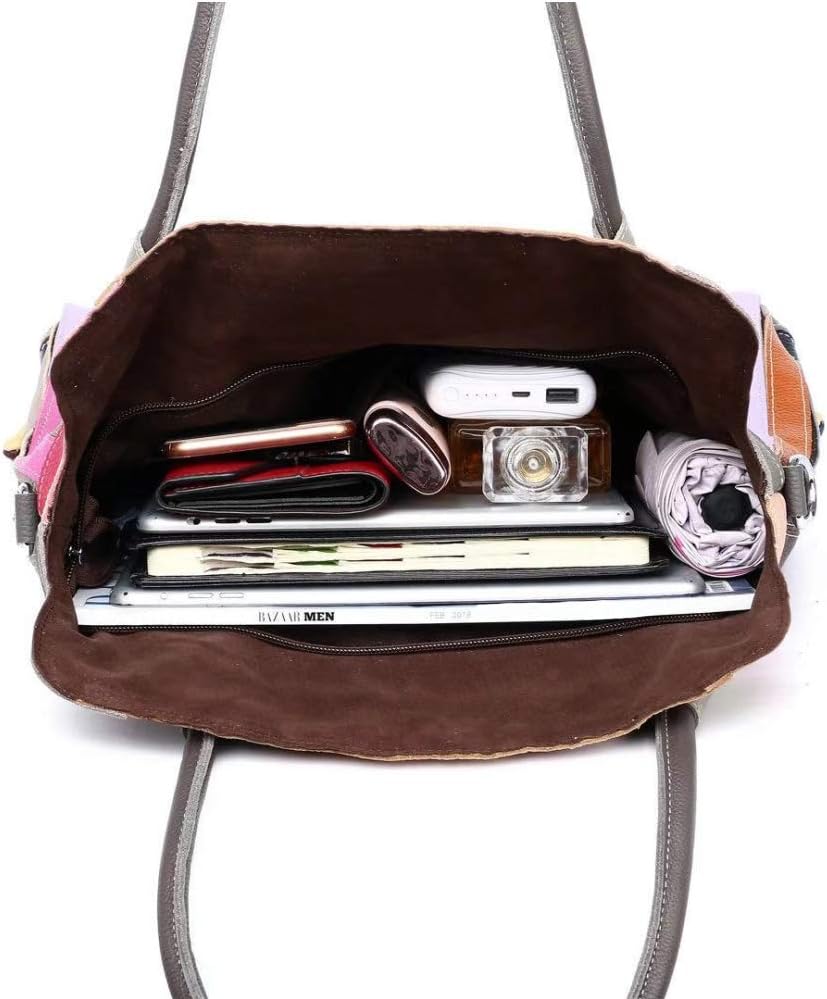 Segater® Damen Multicolor Einkaufstasche Echtes Leder Handtasche Bunte Patchwork Grosse Umhängetasch