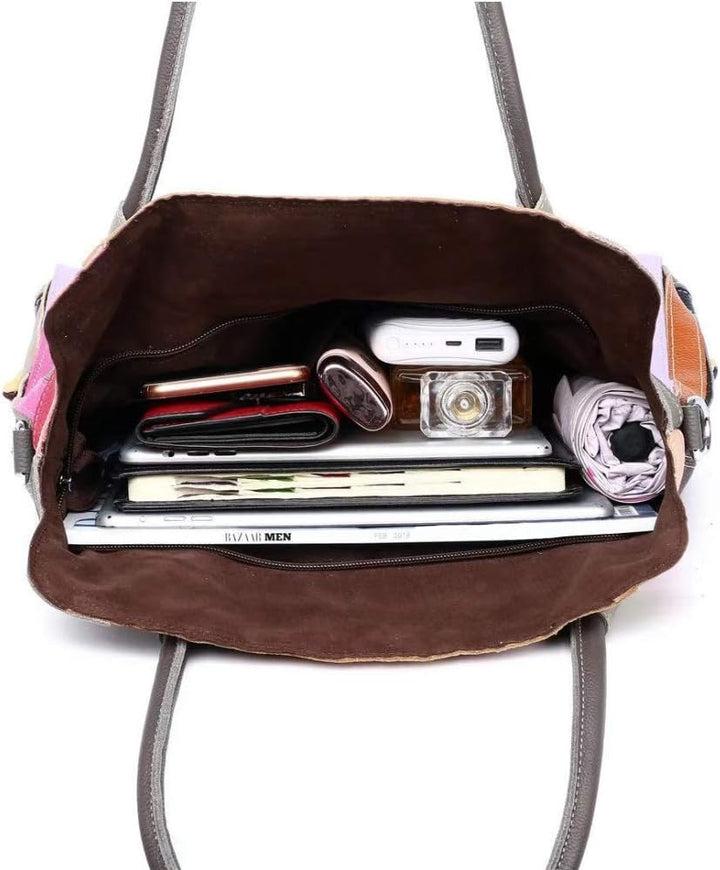 Segater® Damen Multicolor Einkaufstasche Echtes Leder Handtasche Bunte Patchwork Grosse Umhängetasch