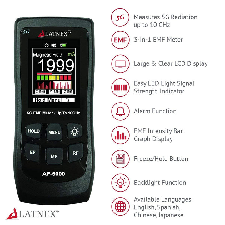 LATNEX AF-5000 5G EMF-Messgerät RF Detektor Tester und Leser mit Kalibrierungszertifikat – Testet un