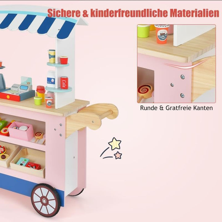 COSTWAY Kaufladen Kinder, Kaufmannsladen Holz mit 2 Ablagen, Schiebegriff &amp; Zubehör, Einkaufsladen a