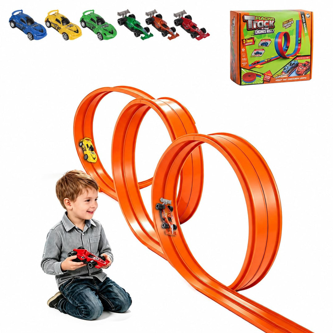 Flexible Autorennbahn Kinder, 6m Autobahn Kinder mit 6 Autos, tragbare Doppel-Rennbahn &amp; Rampe für 1