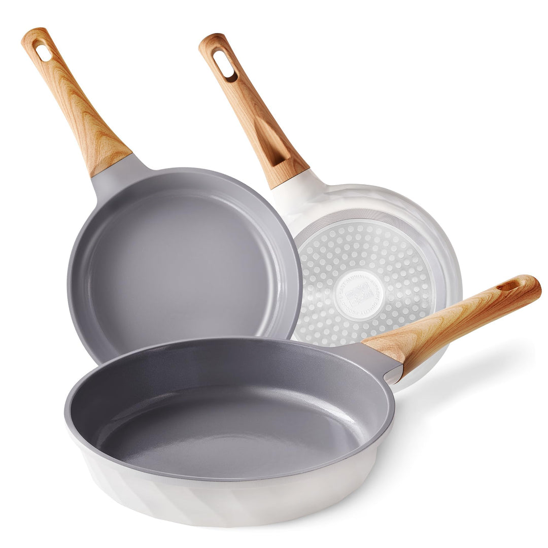 RIOVARM Keramik Antihaft beschichtung Bratpfannen-Set Induktion Pfannenset 20cm 24cm 28cm mit Holzma