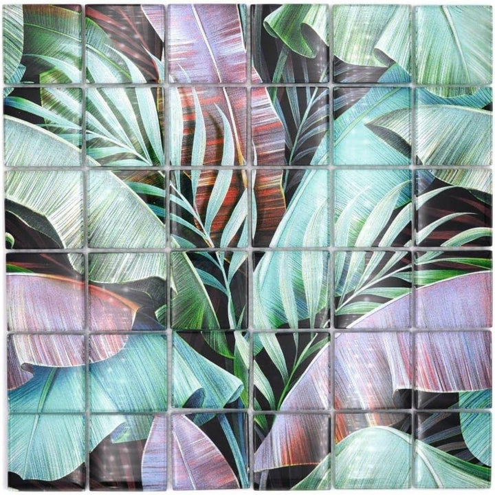 Mosaikfliese Glasmosaik Regenwald Grün Violett Blätter Optik Küchenrückwand Duschwand | 10 Mosaikmat