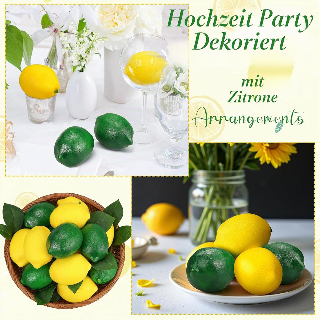48 Pcs Fake Zitronen deko Künstliche Früchte Lemon mit Blättern, Faux gelbe Zitronen Dekor Realistis