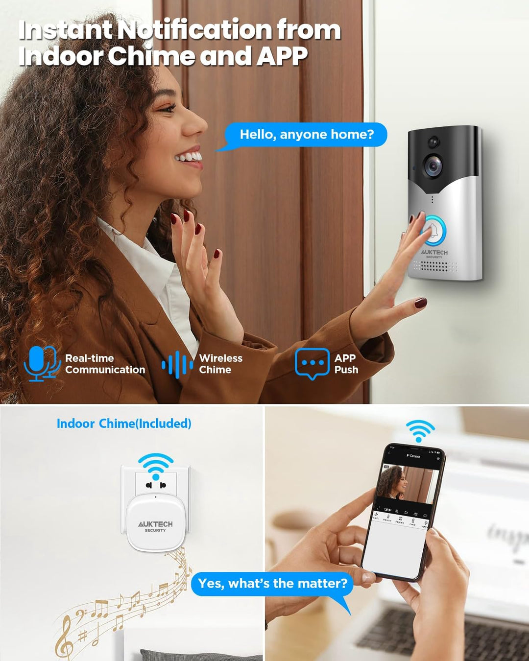 AUKTECH Türklingel mit Kamera, 4MP Video Türklingel Kabellos Akku mit Chime, 2.5K FHD Nachtsicht, PI