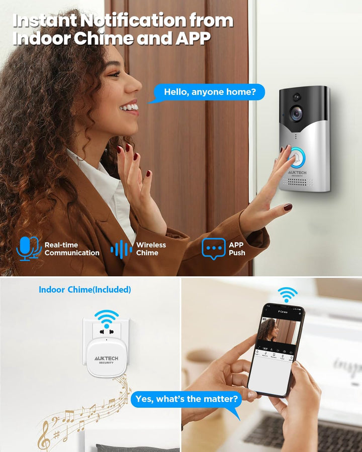 AUKTECH Türklingel mit Kamera, 4MP Video Türklingel Kabellos Akku mit Chime, 2.5K FHD Nachtsicht, PI