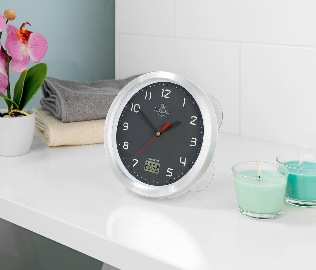 St. Leonhard Tischuhr: Badezimmer-Funk-Wanduhr, Thermo- und Hygrometer, Alu-Rahmen, Grau (Funk-Badez