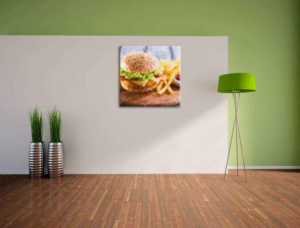 Pixxprint Chickenburger mit Pommes Pinsel Effekt, Format: 70x70 auf Leinwand, 70x70