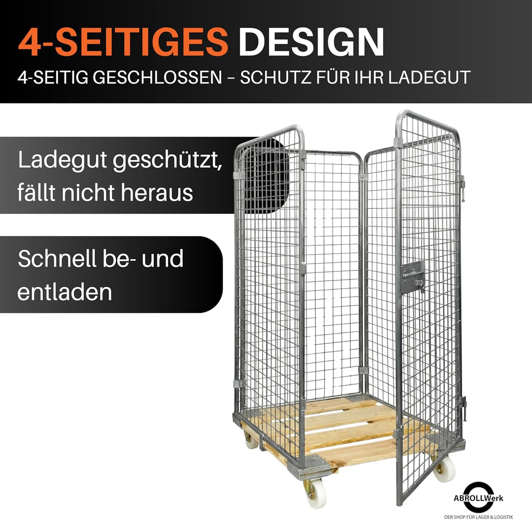 Drahtgitterbehälter mit Holz-Rollplatte – 4-seitiger Gitterwagen mit 1585 mm Nutzhöhe – Robuster Rol