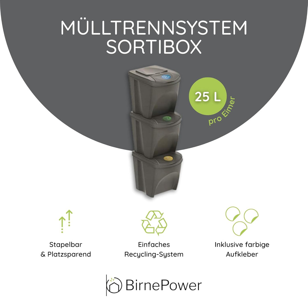 BirnePower Mülleimer Müllbehälter Abfalleimer 75L Set 3 x 25L Mülltrennsystem Behälter Sorti Box mit