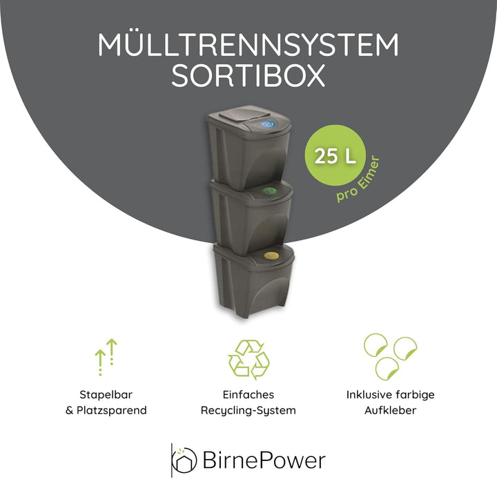 BirnePower Mülleimer Müllbehälter Abfalleimer 75L Set 3 x 25L Mülltrennsystem Behälter Sorti Box mit