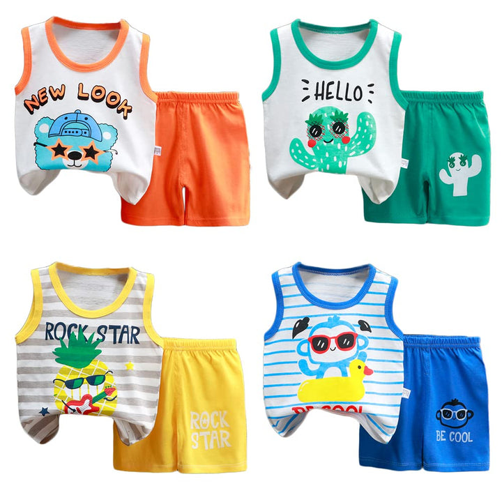 8er Pack Baby Kinder Outfit Set, Ärmelloses Baumwoll Weste + Shorts, Cartoon Print Jungen Mädchen 3