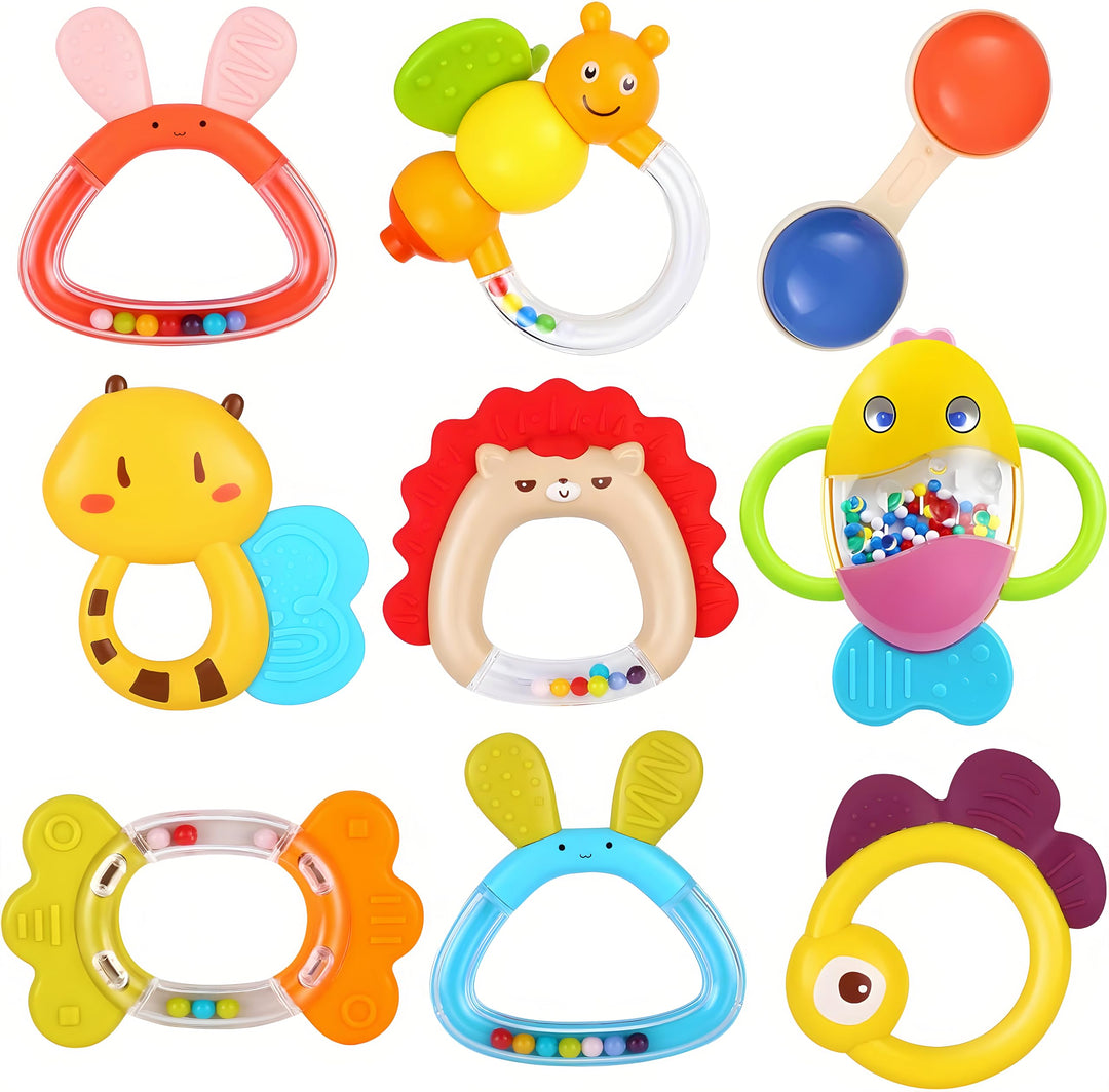 MOONTOY Baby Rassel BeissRing Set Baby Spielzeug ab 0 1 2 3 4 5 6 7 8 9 10 11 12 Monate, 9PCS Shaker