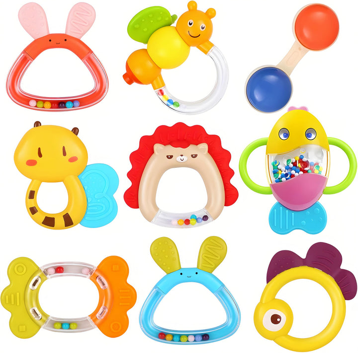 MOONTOY Baby Rassel BeissRing Set Baby Spielzeug ab 0 1 2 3 4 5 6 7 8 9 10 11 12 Monate, 9PCS Shaker