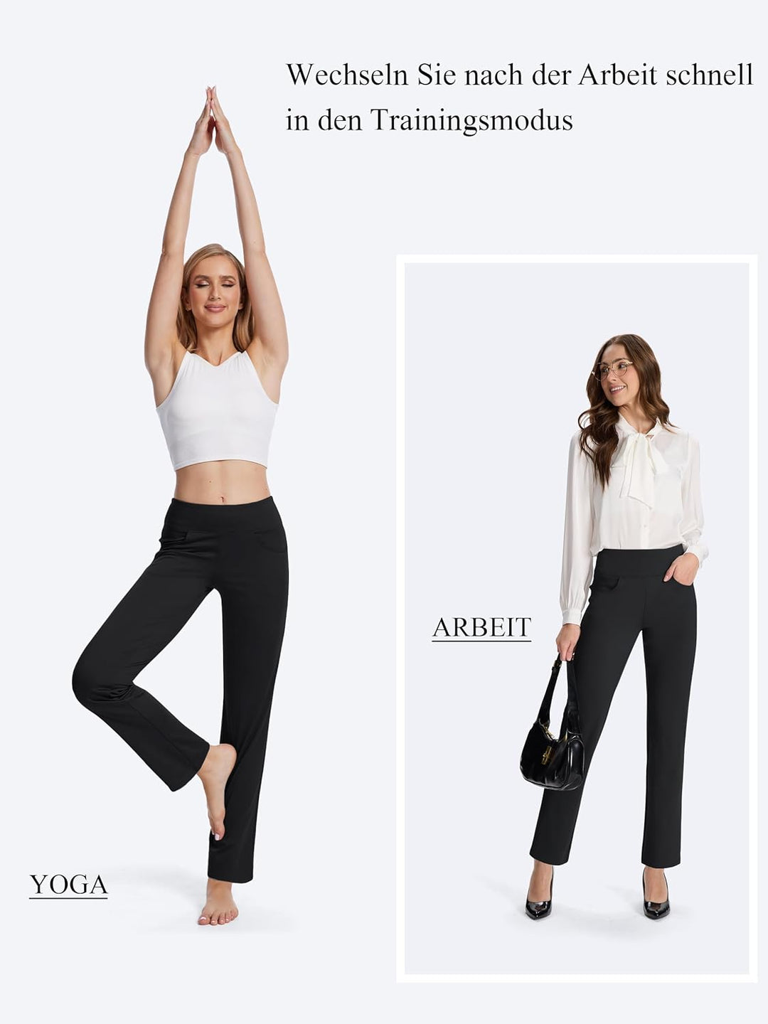 MOVE BEYOND Butterweiche Damen Straight Leg Yoga Hose mit 4 Taschen Bauchfrei Workout Arbeitshose S