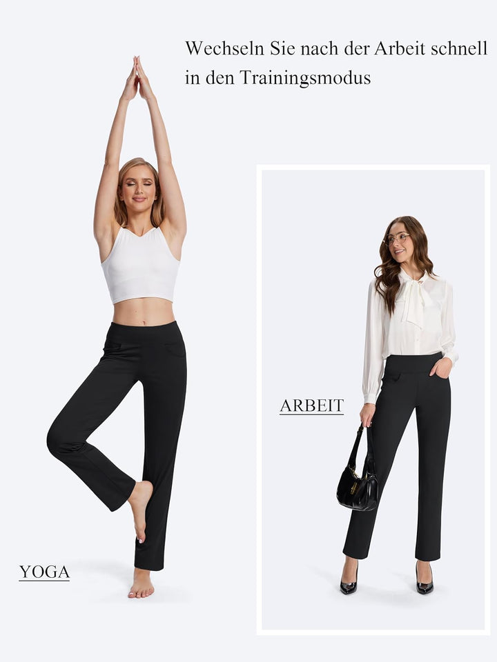 MOVE BEYOND Butterweiche Damen Straight Leg Yoga Hose mit 4 Taschen Bauchfrei Workout Arbeitshose S
