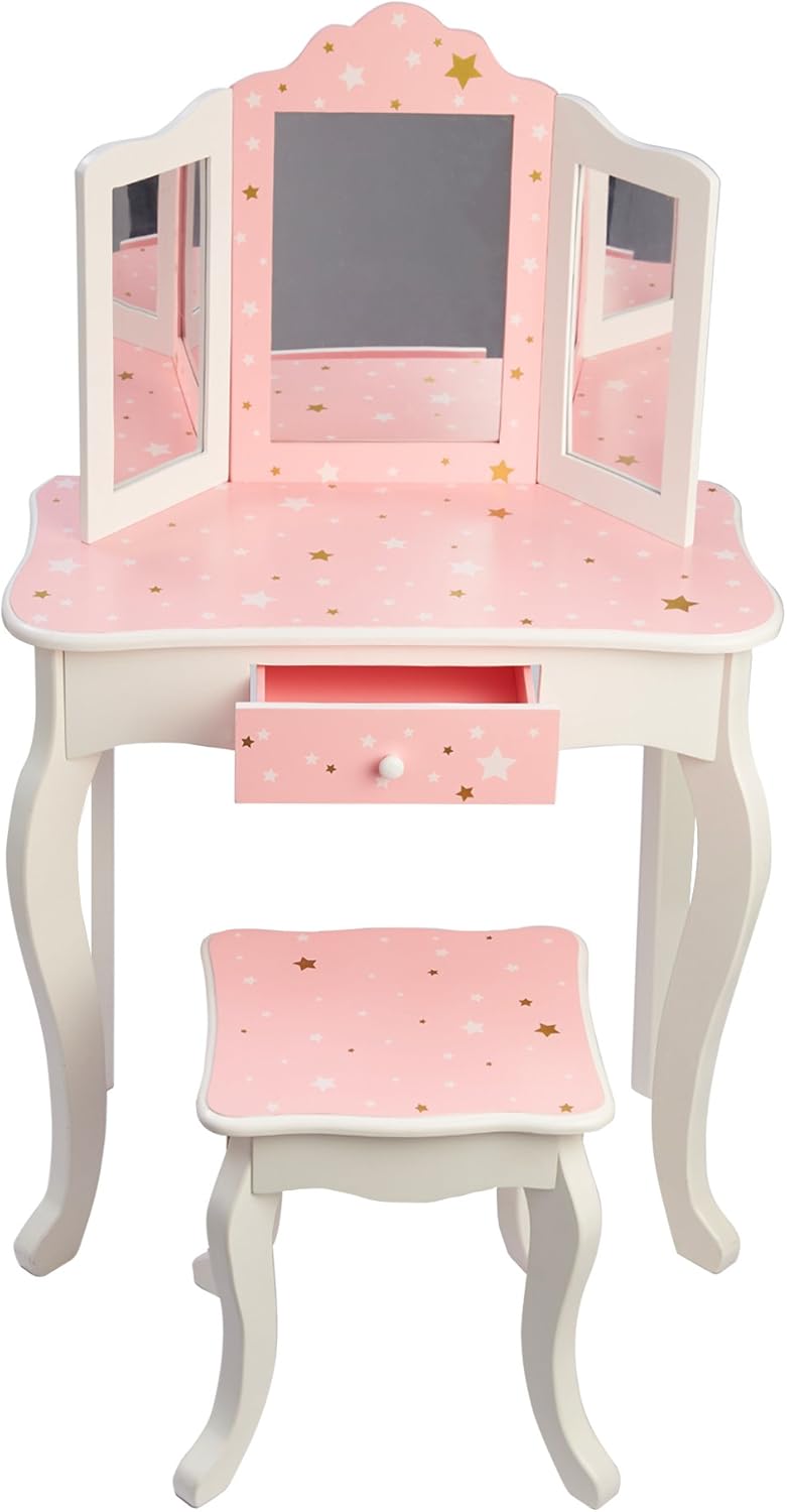 Teamson Kids Childrens Rosa Holz-Schminktisch und Hocker Spiegel TD-11670K Stern, Stern