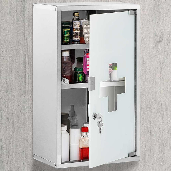 Bakaji Schrank für Medikamente, Erste-Hilfe-Schrank aus Edelstahl und satiniertem Glas, Farbe Silber